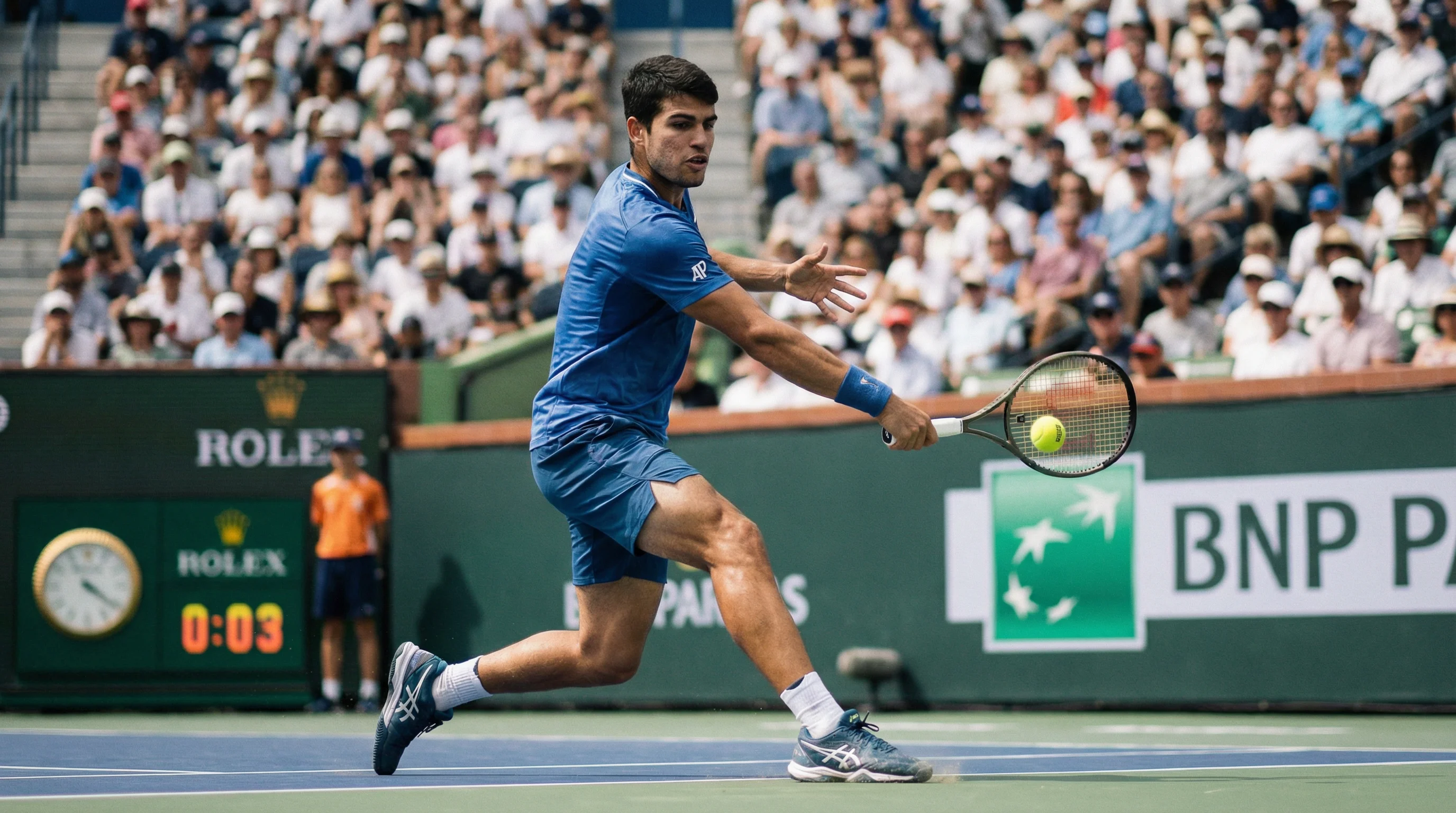 Tennisspieler beim Grundlinienschlag auf einem Hartplatz bei einem ATP-Turnier