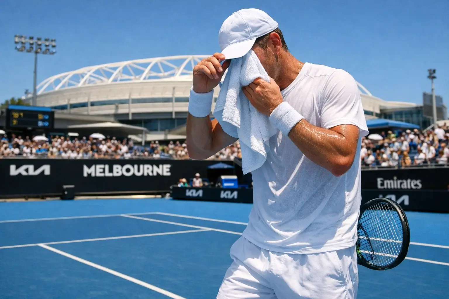 Tennisspieler auf dem Hartplatz der Australian Open unter blauem Himmel