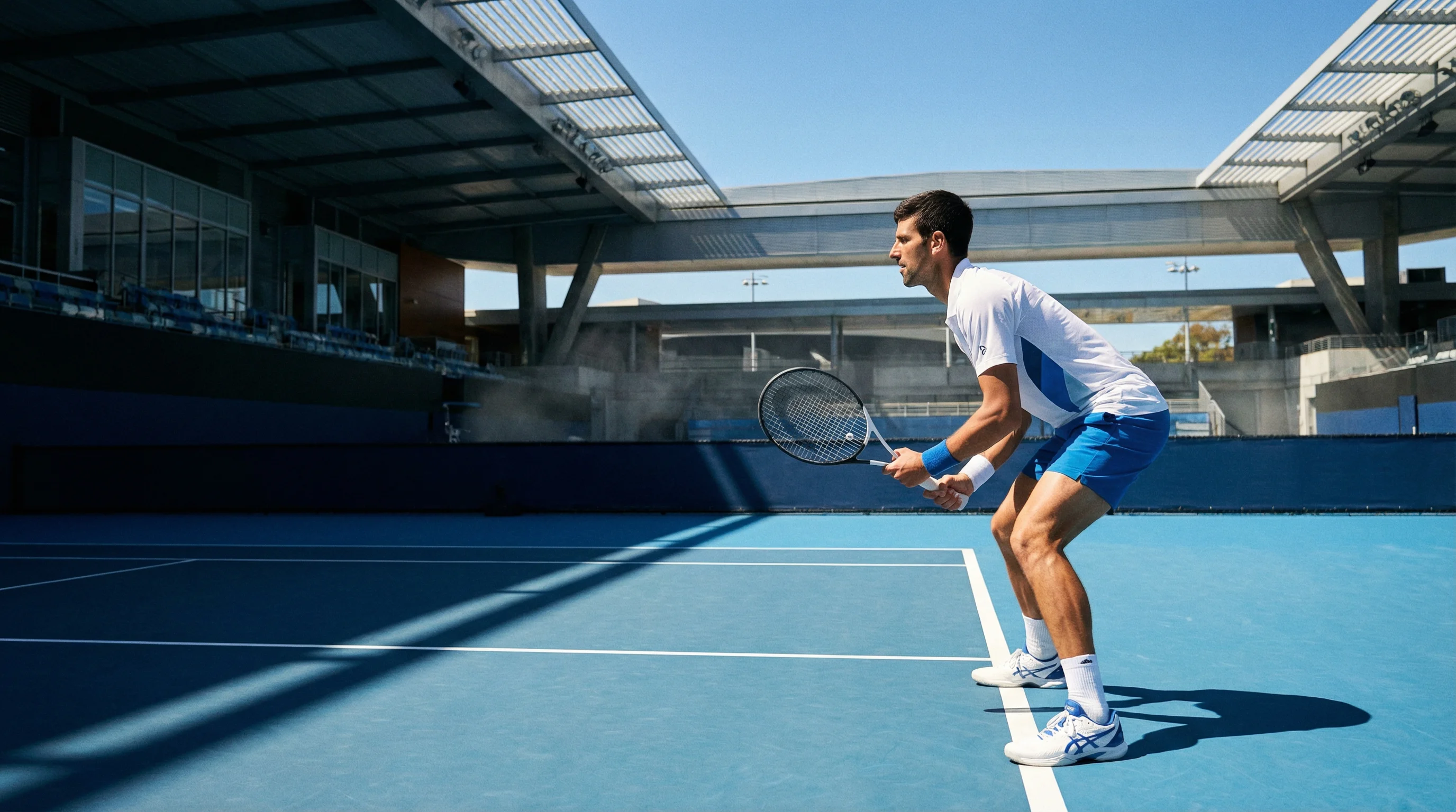 Tennisplatz bei den Australian Open in Melbourne unter strahlend blauem Himmel