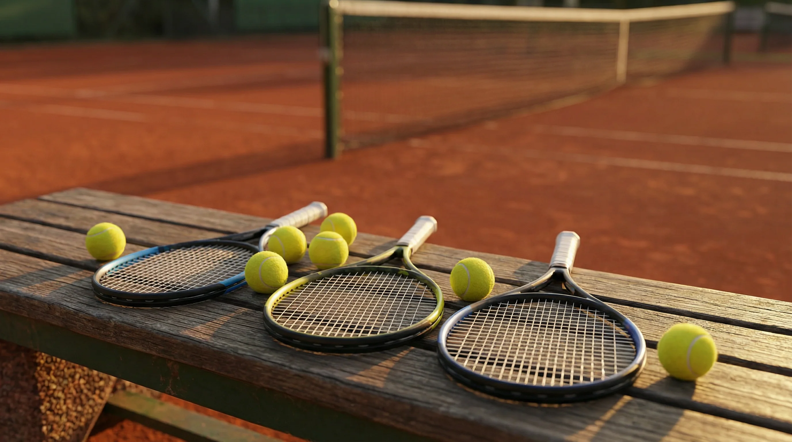 Tennisschläger und Tennisbälle ordentlich auf einer Bank neben einem Tennisplatz