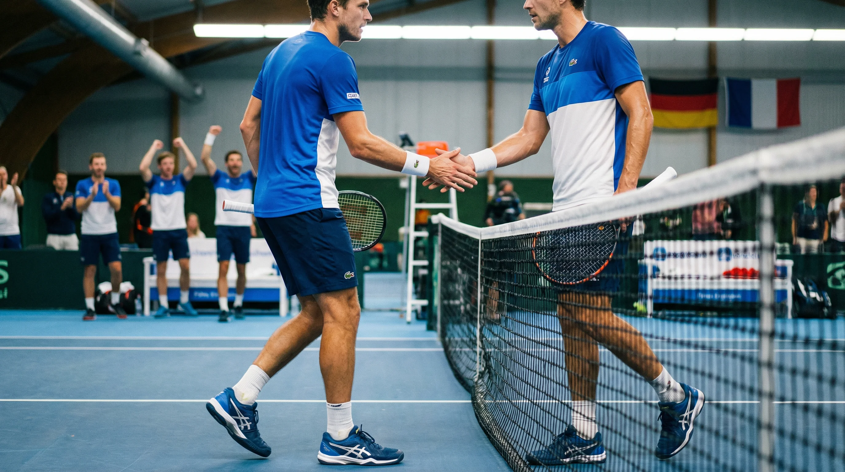 Tennisspieler klatschen sich am Netz ab nach einem Doppelmatch bei einem Teamwettbewerb