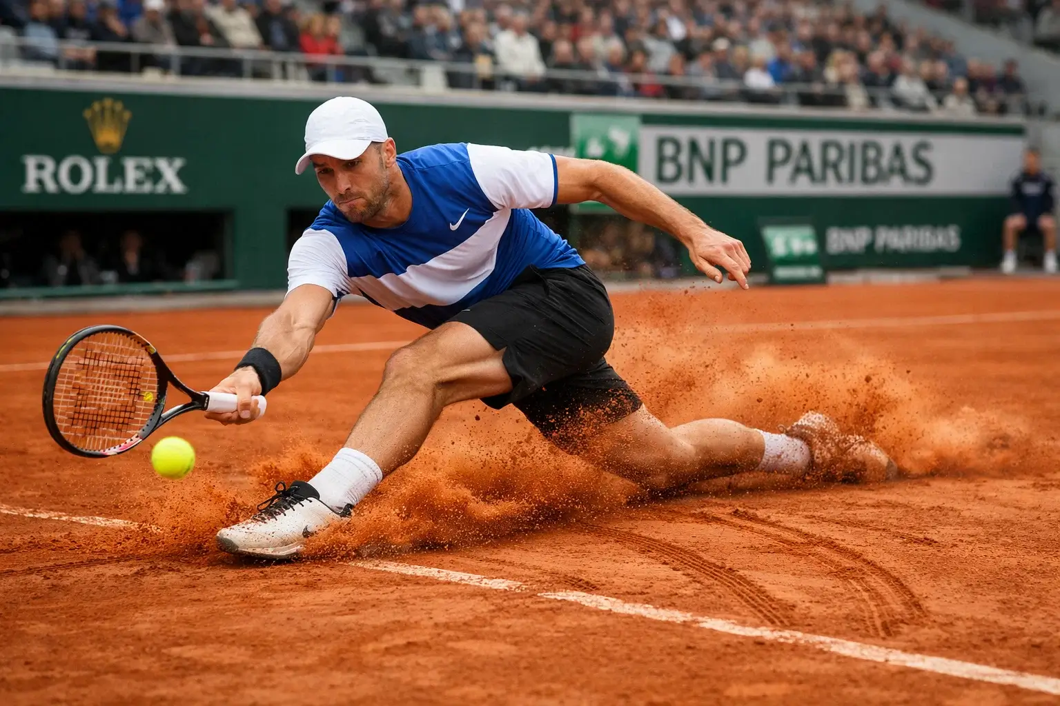 Tennisspieler rutscht auf dem roten Sandplatz von Roland Garros