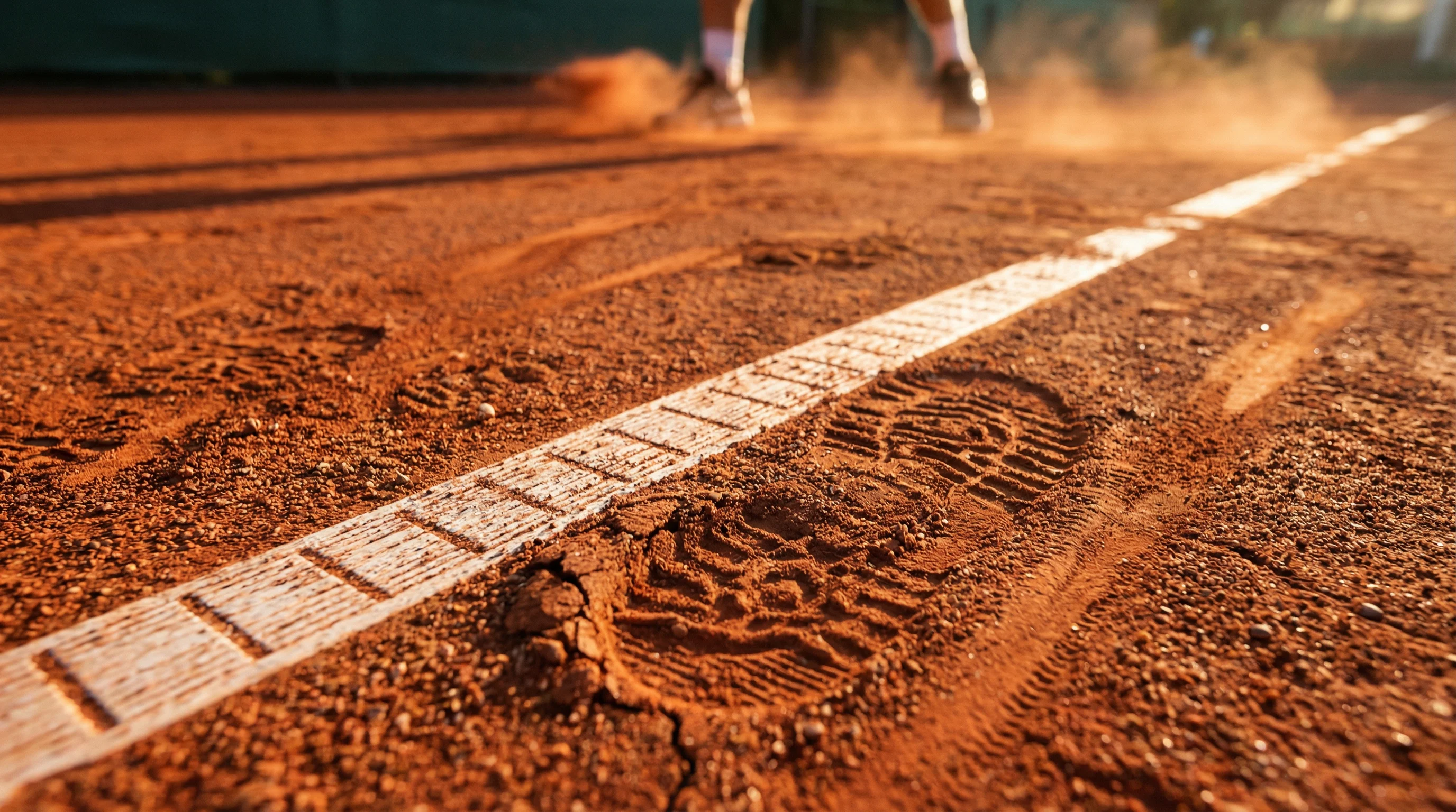 Roter Sandplatz bei Roland Garros mit sichtbaren Schuhspuren und weißen Linien