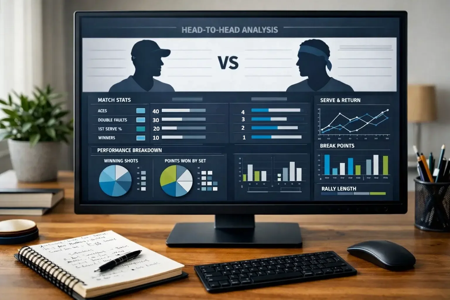 Detaillierte Tennisstatistiken und Spielervergleiche auf einem Monitor