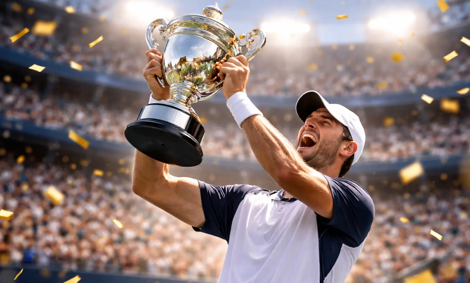 Tennisspieler hebt Trophäe bei einem Grand-Slam-Turnier