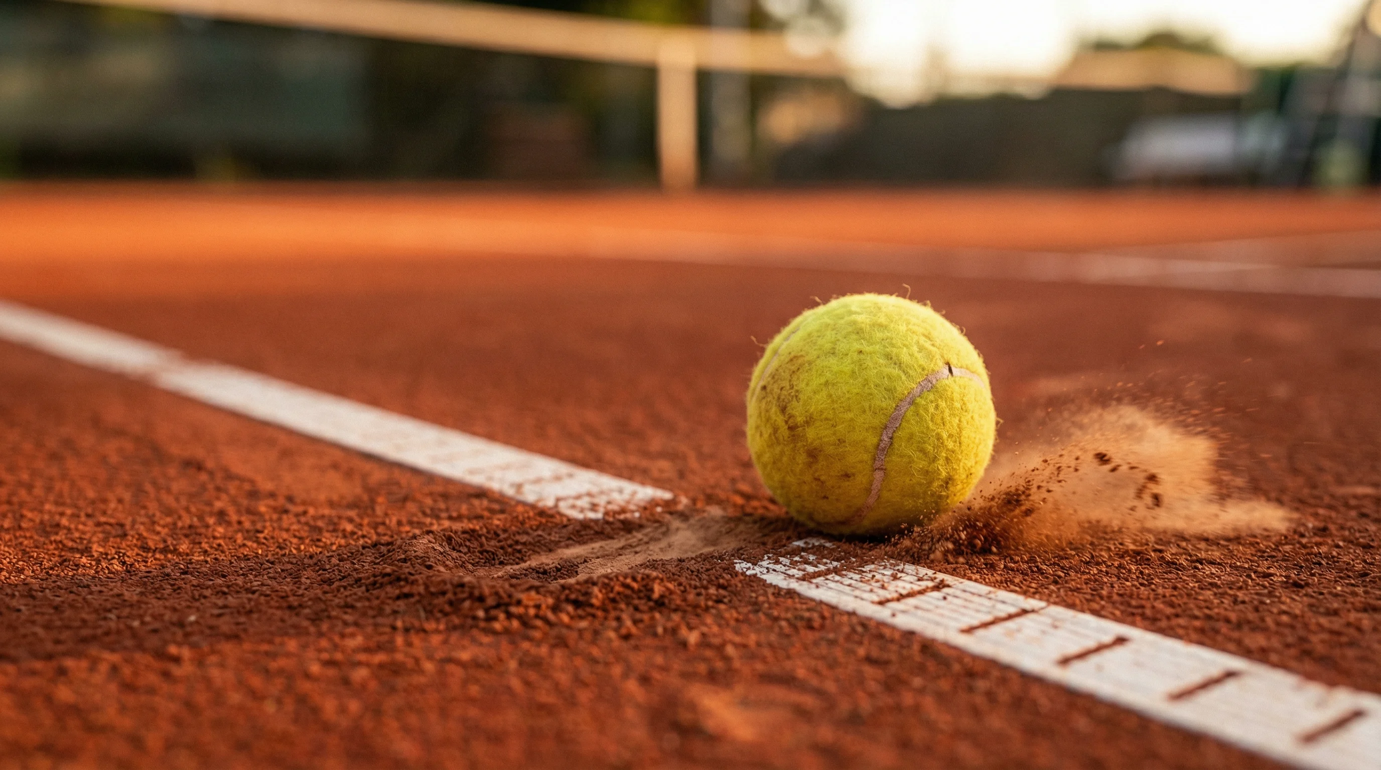 Tennisball liegt neben der Seitenlinie im Aus auf einem Sandplatz