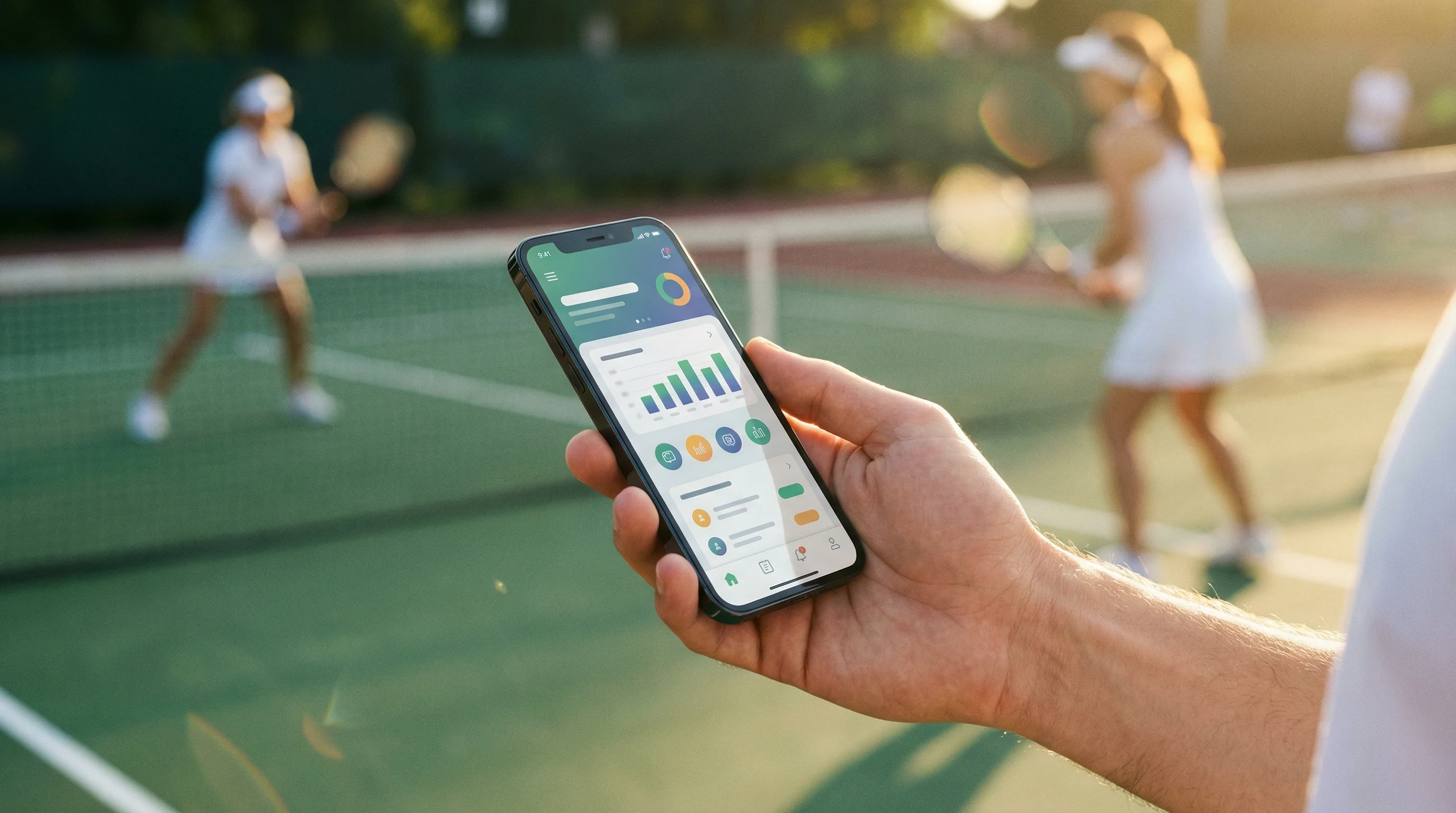Hand hält Smartphone vor einem Tennisplatz im Hintergrund