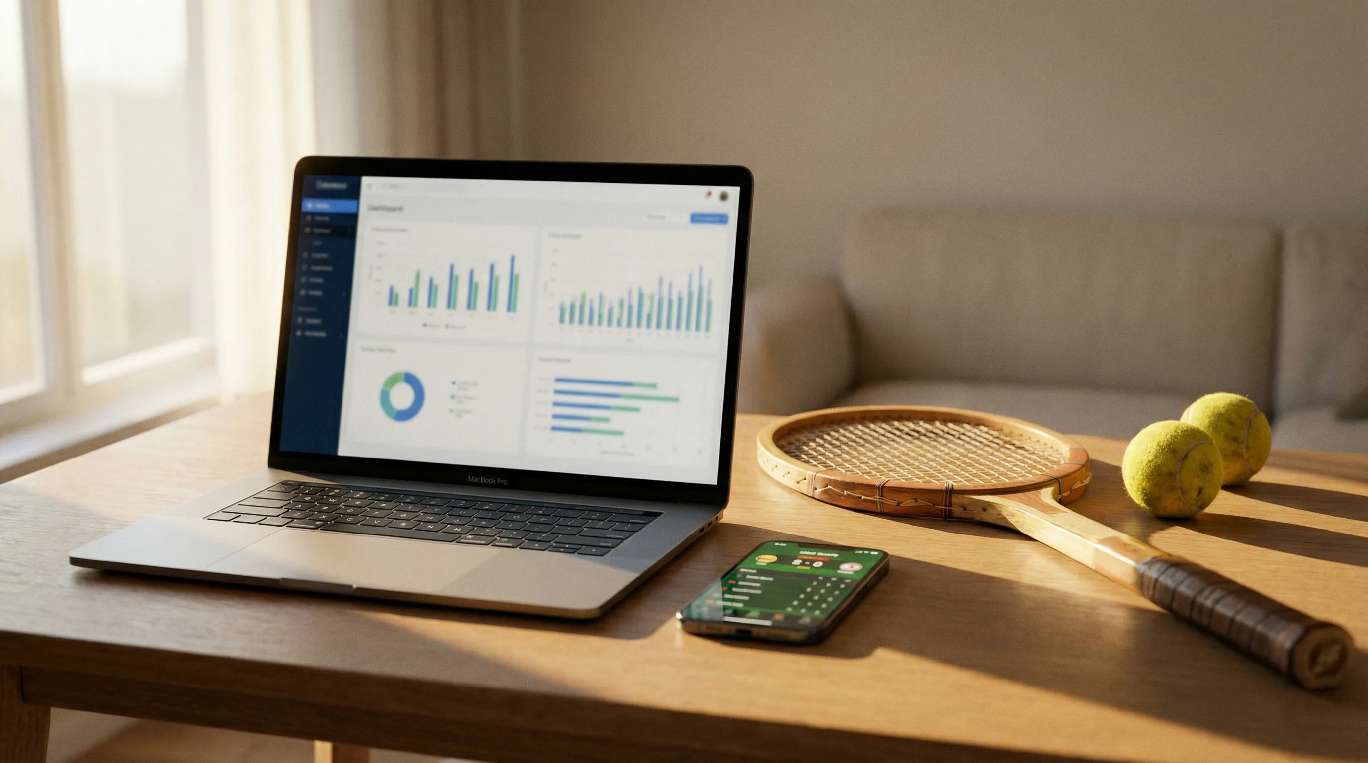 Laptop und Smartphone auf einem Tisch neben einem Tennisschläger und Tennisbällen