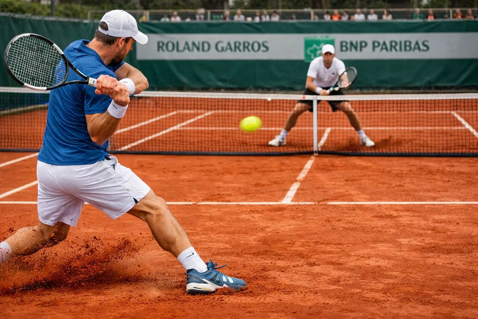 Zwei Tennisspieler im intensiven Grundlinien-Ballwechsel auf rotem Sandplatz