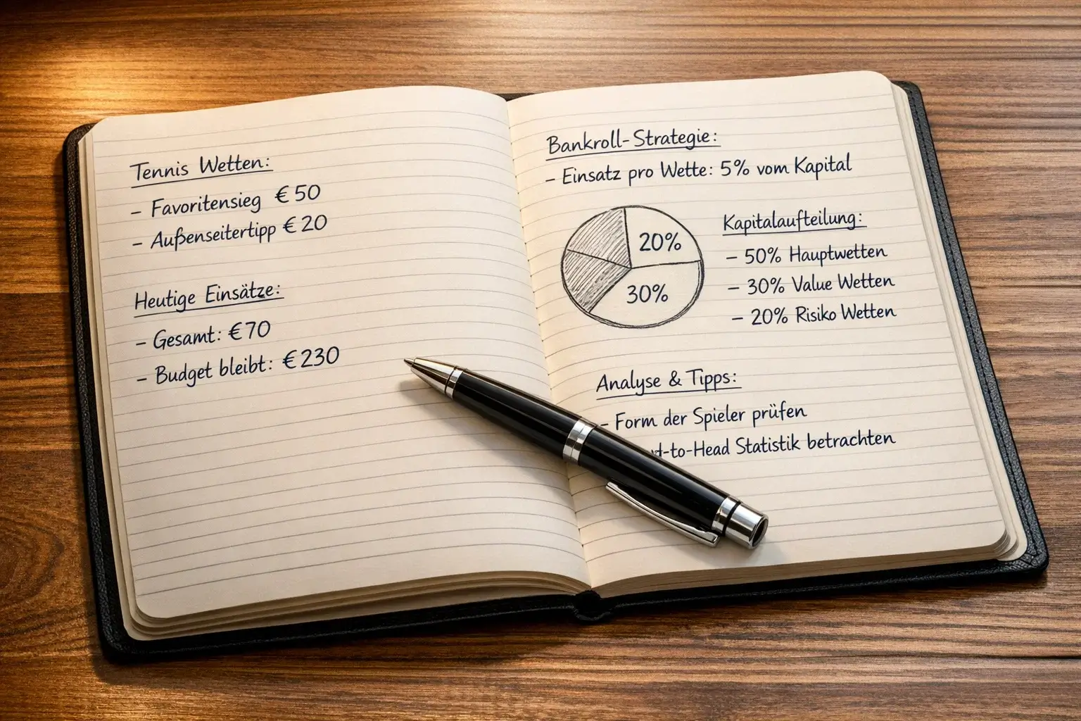 Notizbuch mit Wettprotokoll und Stift auf dem Schreibtisch