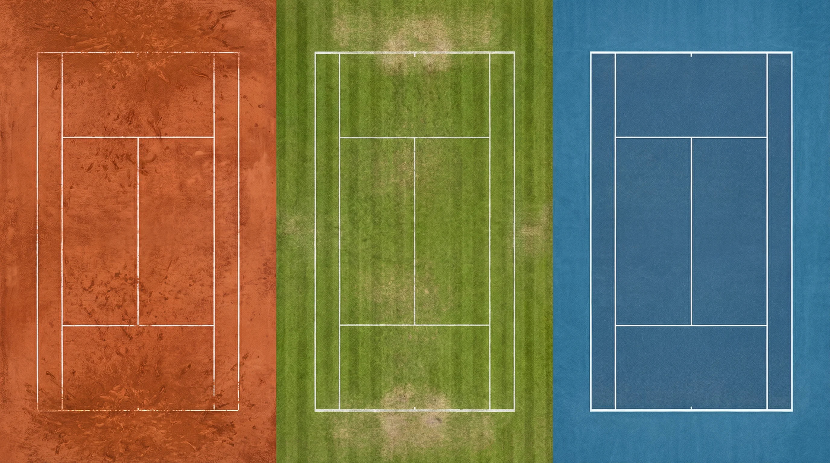 Drei verschiedene Tennisbeläge nebeneinander: roter Sand, grüner Rasen und blauer Hartplatz