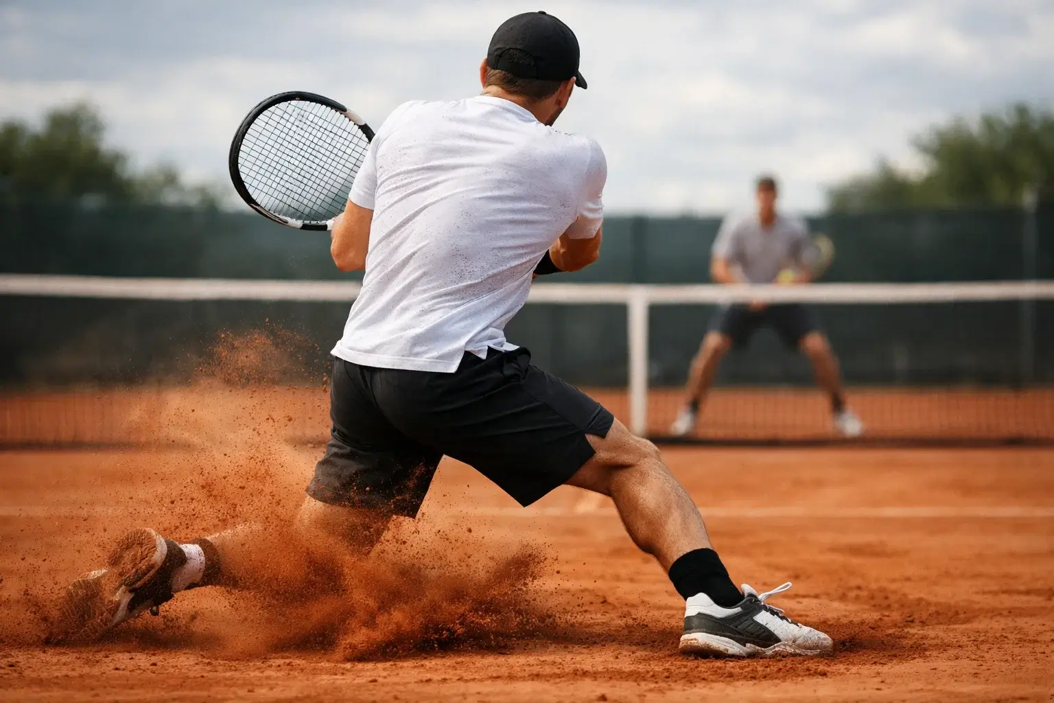 Tennisspieler bei aggressivem Return während Break-Situation