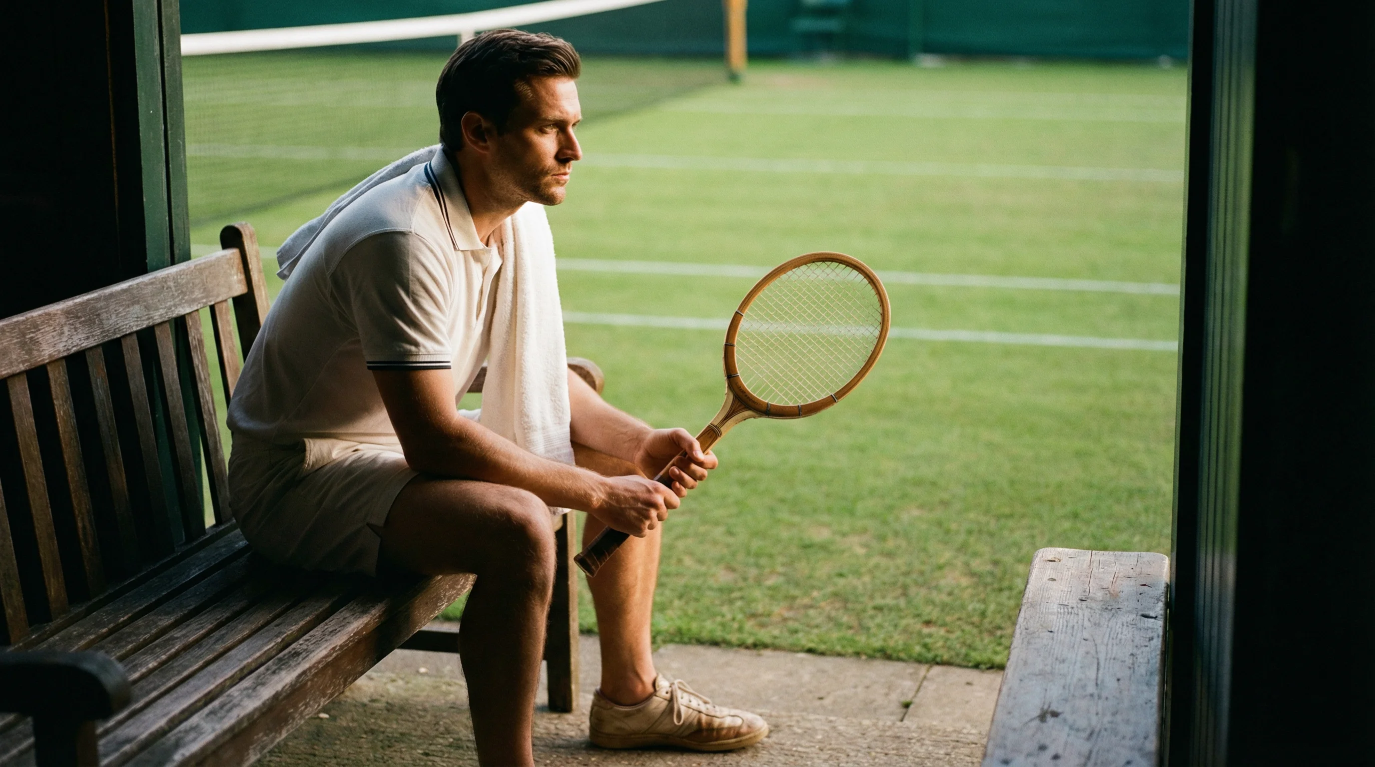 Tennisspieler sitzt nachdenklich auf der Bank am Spielfeldrand während einer Pause