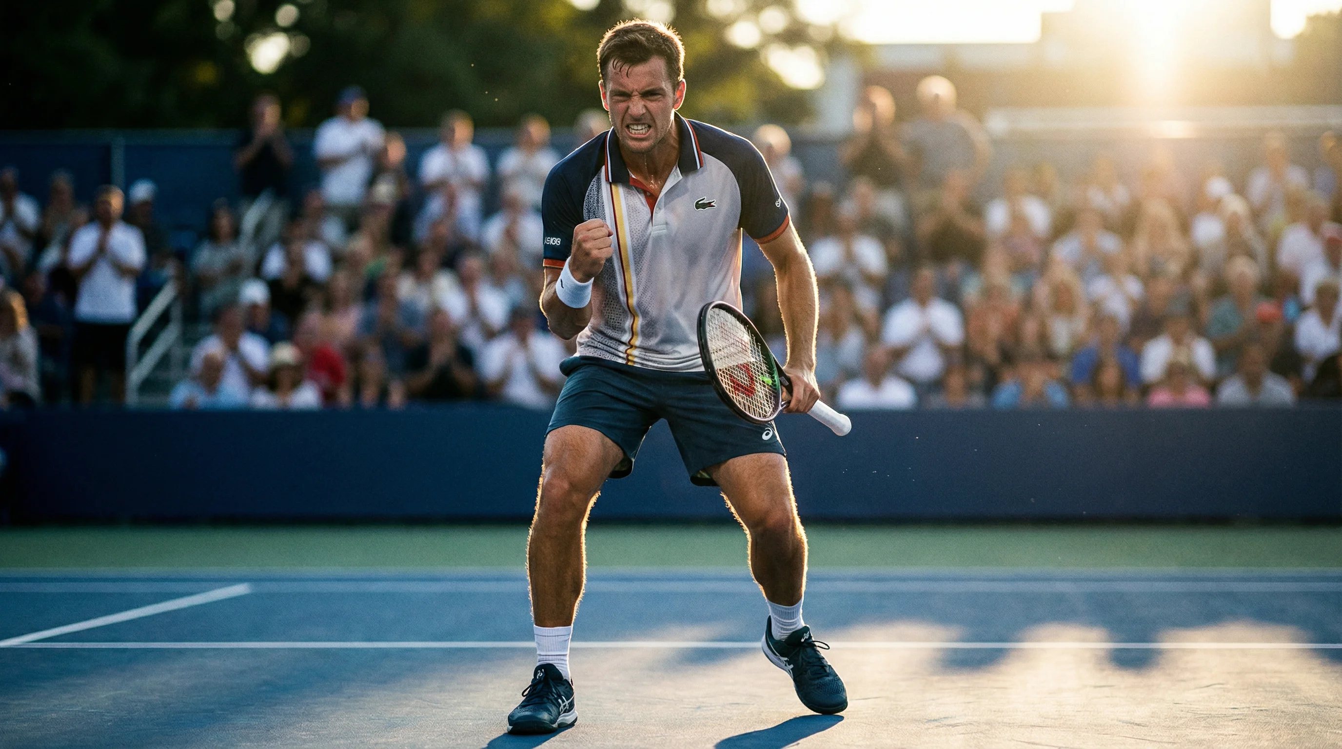 Tennisspieler ballt die Faust nach einem gewonnenen Punkt auf einem Hartplatz