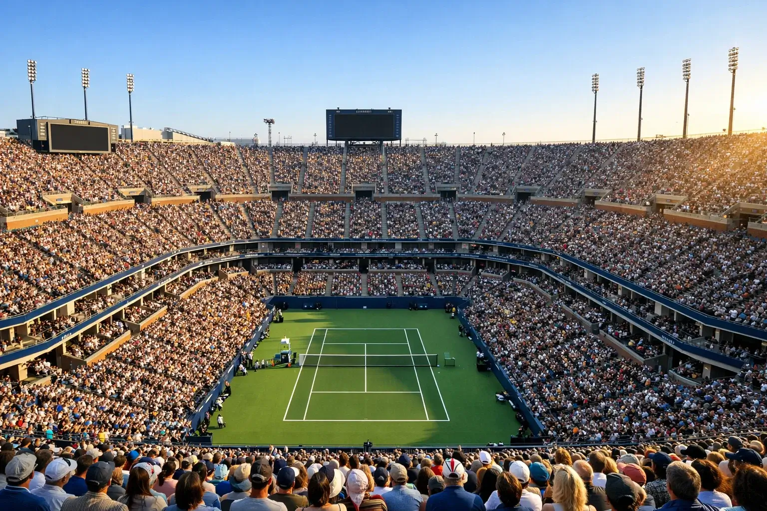 Volle Tribünen bei einem Grand Slam Tennisturnier mit Spieler auf dem Center Court