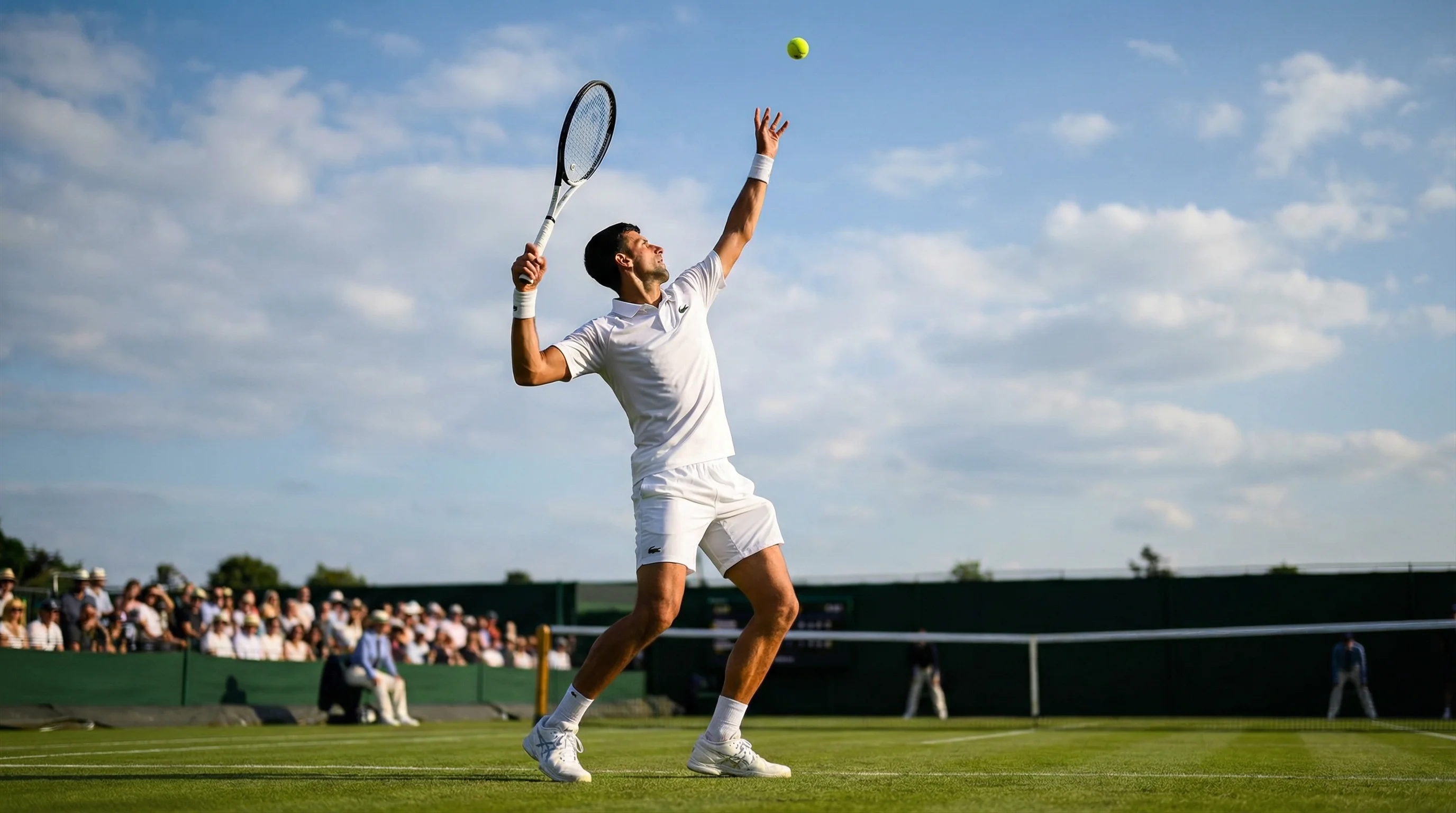 Tennisspieler beim kraftvollen Aufschlag auf einem Rasenplatz bei Tageslicht