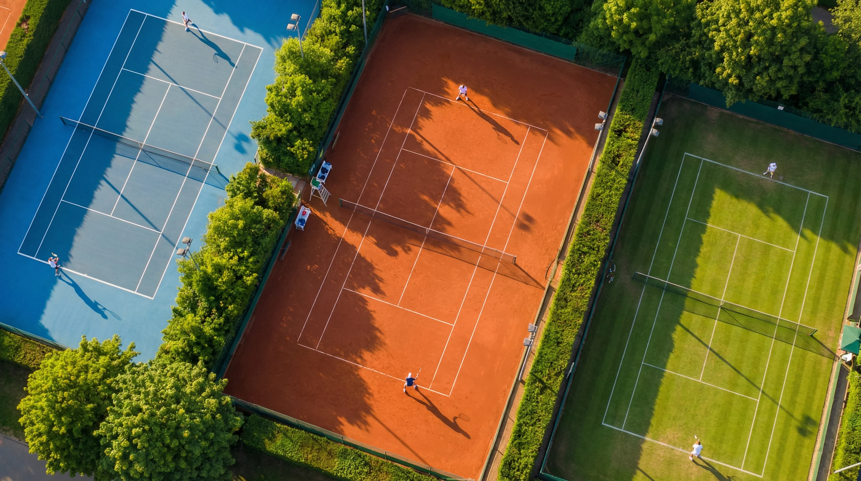 Tennisplatz mit mehreren Spielfeldern aus der Vogelperspektive bei Abendlicht