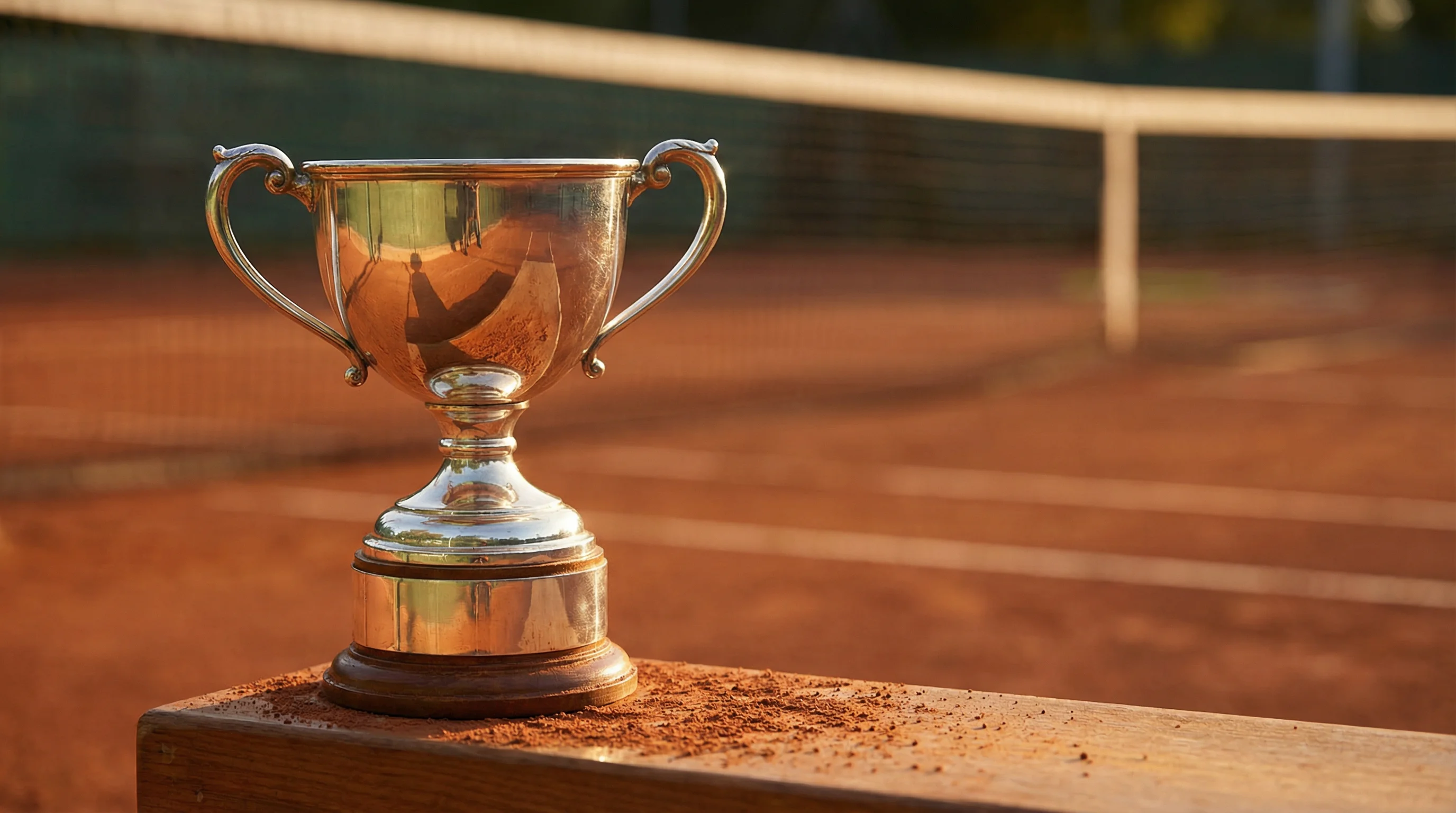Tennispokal auf einem Podest am Rande eines Sandplatzes im warmen Abendlicht