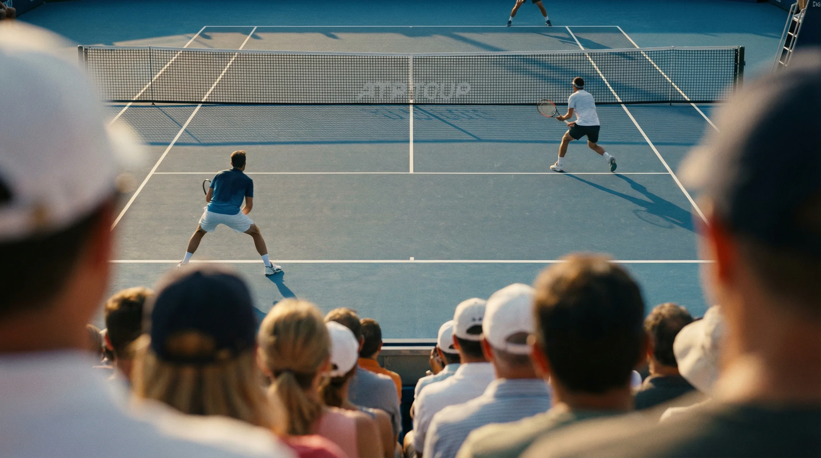 Tennisplatz bei einem Turnier aus der Zuschauerperspektive mit Blick auf das Spielfeld