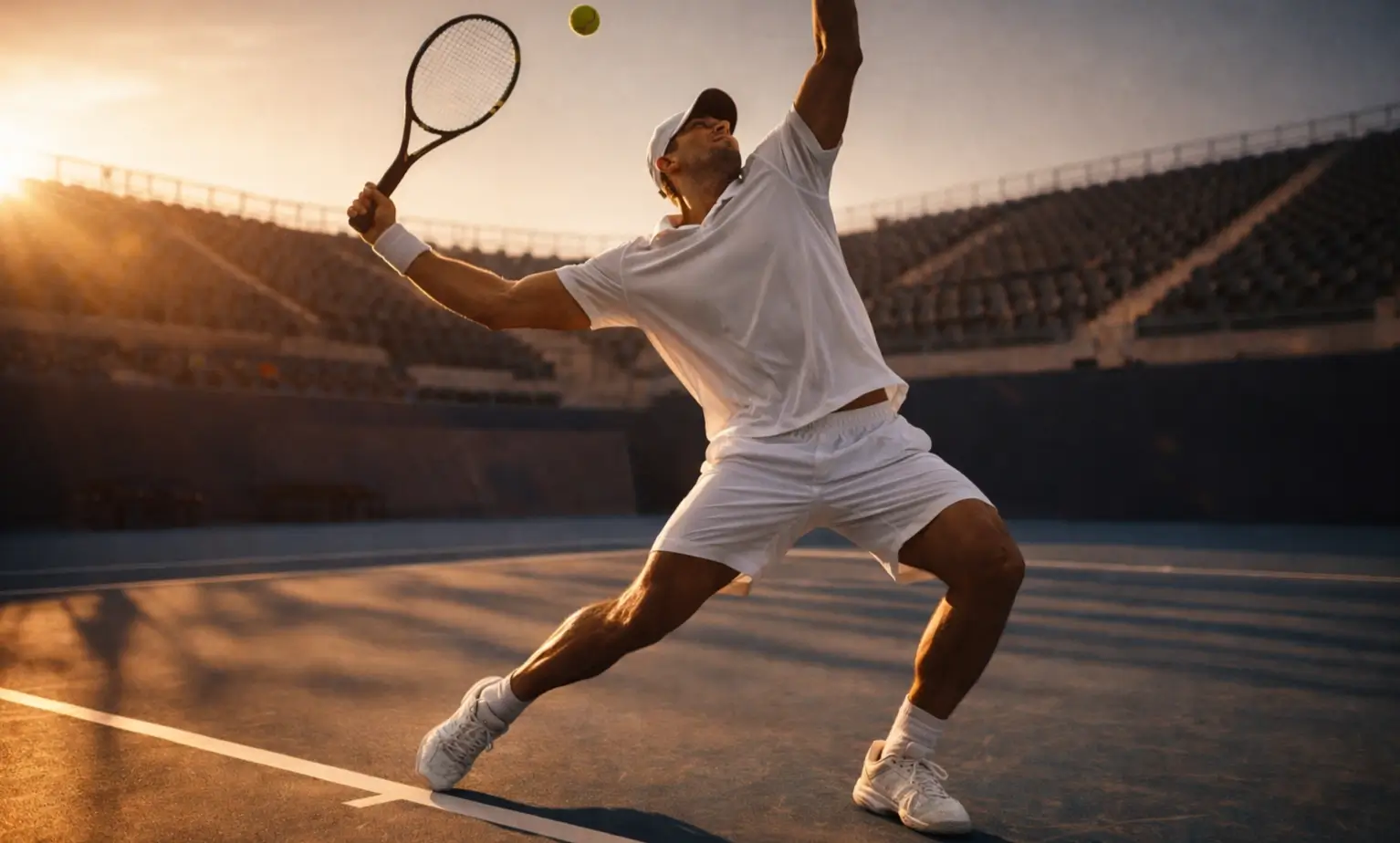 Tennisspieler beim kraftvollen Aufschlag auf einem Hartplatz mit dramatischer Beleuchtung