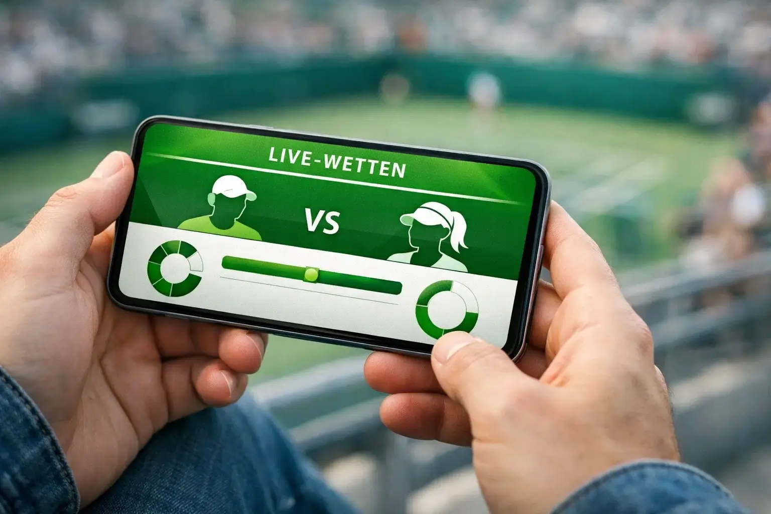 Person hält Smartphone während eines Tennismatches und beobachtet Live-Quoten