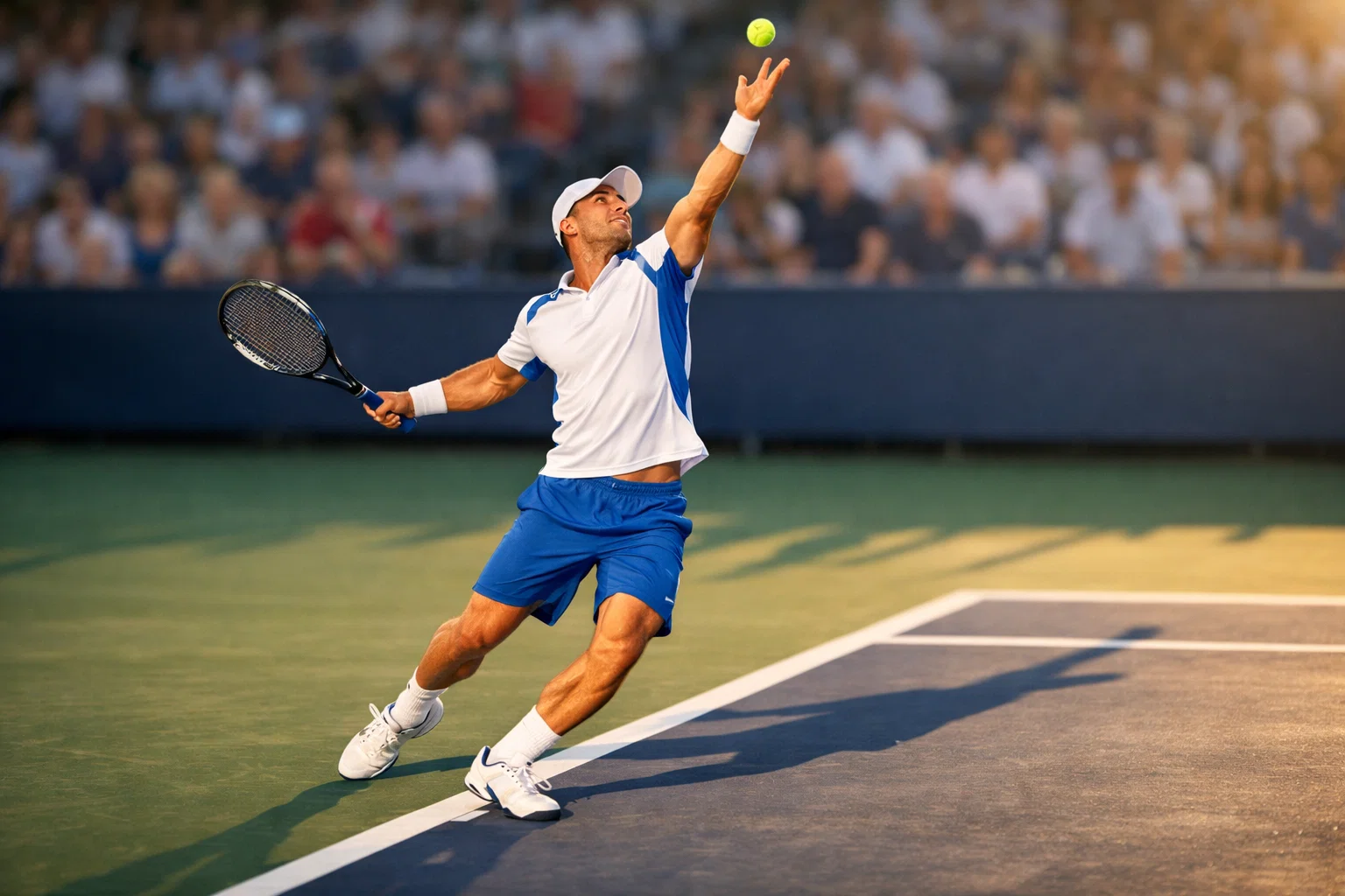 Tennisspieler beim kraftvollen Aufschlag während eines Live-Matches