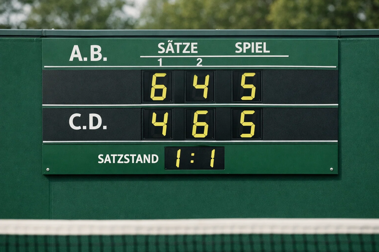 Tennisanzeigetafel zeigt Spielstand und Satzstatistik