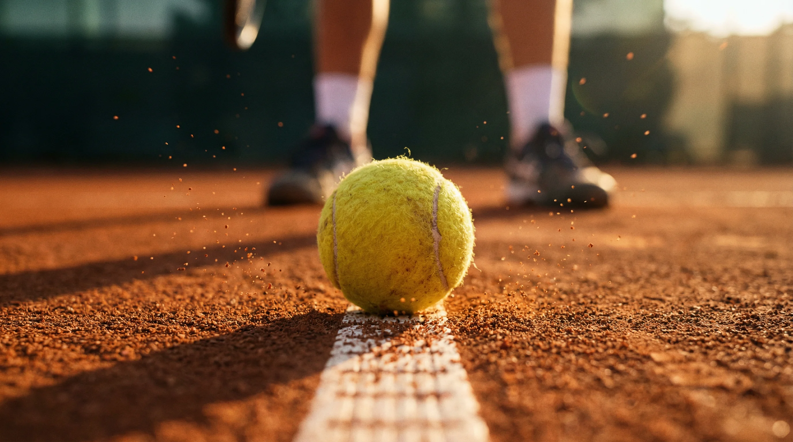 Nahaufnahme eines Tennisballs auf der Linie eines Sandplatzes während eines Spiels