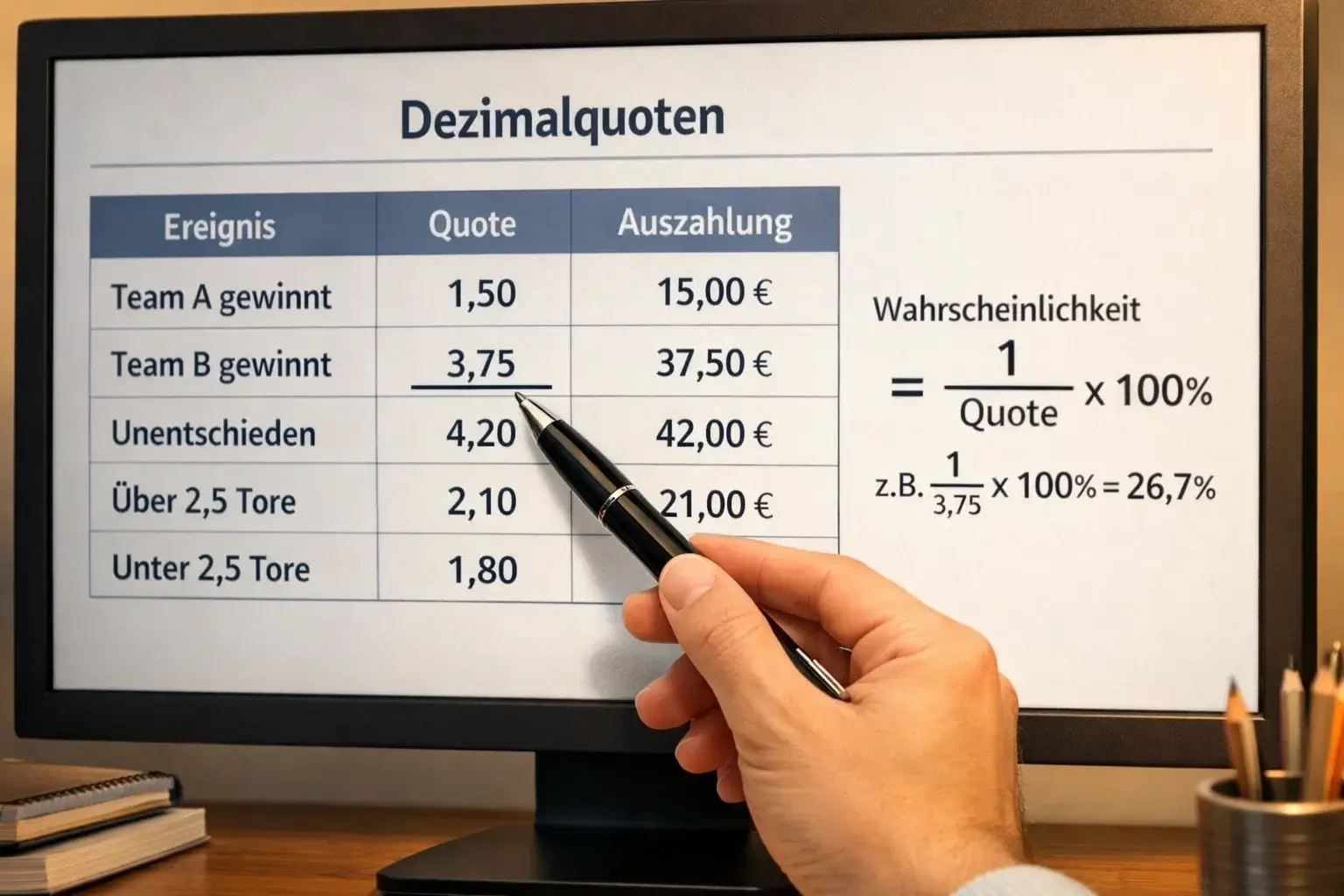 Dezimalquoten auf einem Bildschirm mit Rechenbeispiel