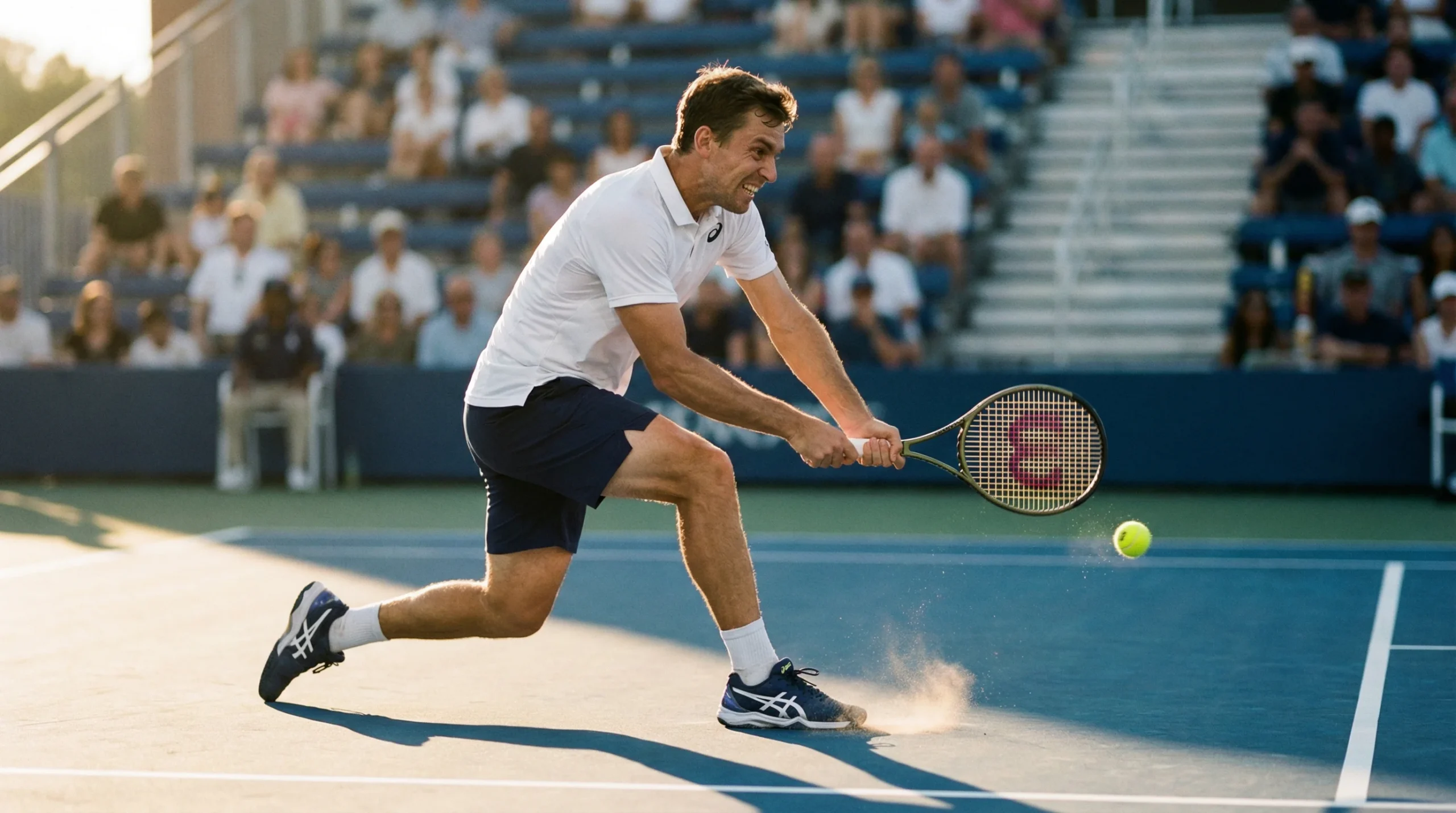 Tennisspieler schlägt den Ball auf einem Hartplatz während eines professionellen Matches