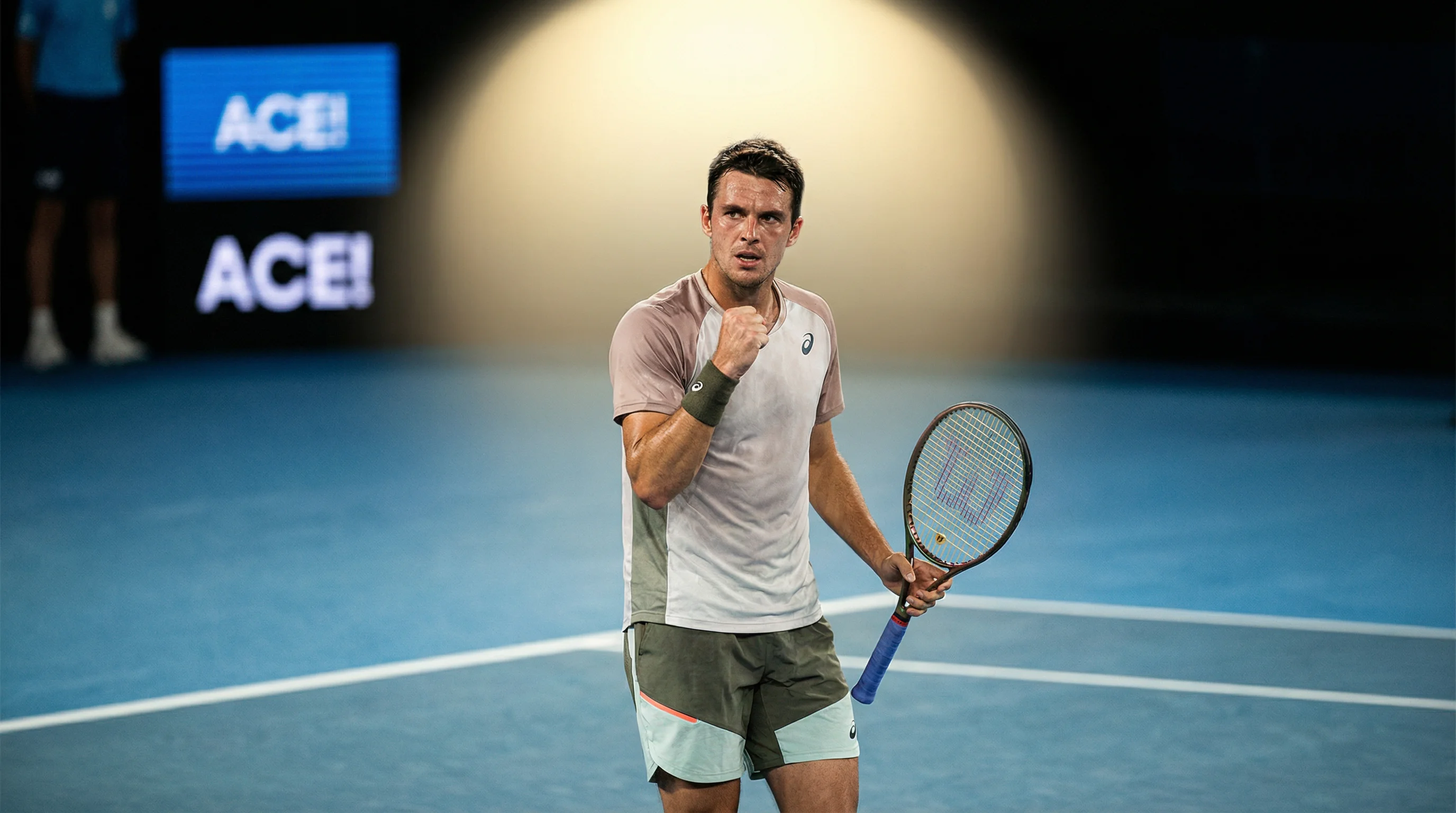 Tennisspieler feiert einen Ass-Punkt am Netz auf einem schnellen Hartplatz