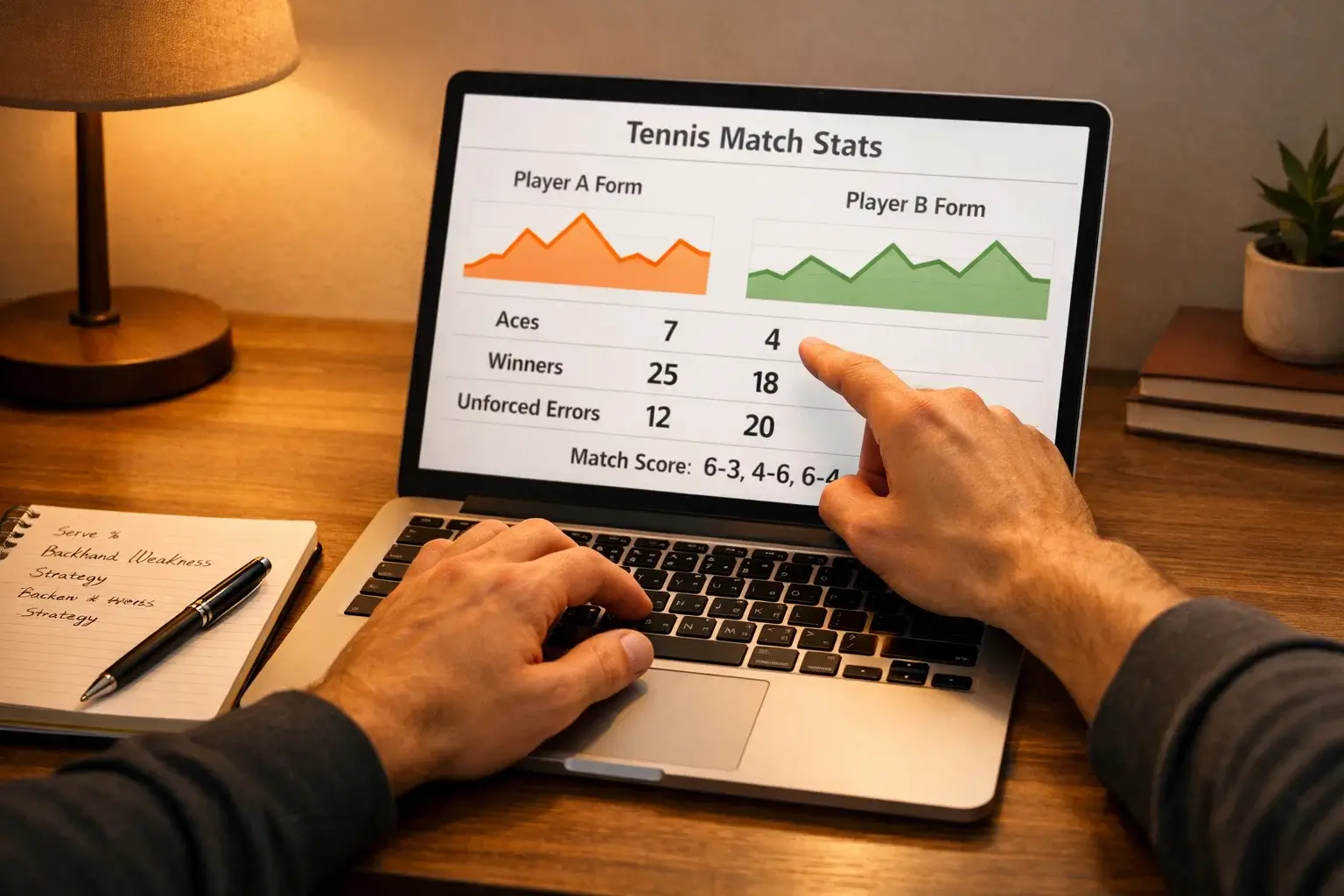 Analyse von Tennisstatistiken vor dem Spiel auf einem Laptop