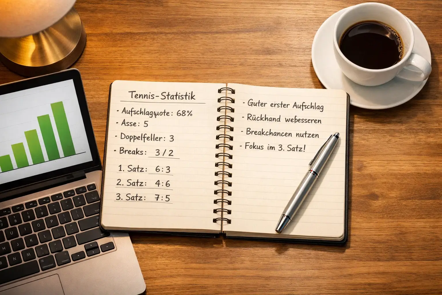 Hände halten Notizbuch mit handgeschriebenen Tennis-Statistiken neben Laptop