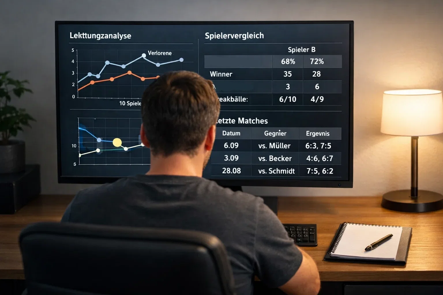 Person studiert Tennisstatistiken und Wettstrategie am Bildschirm