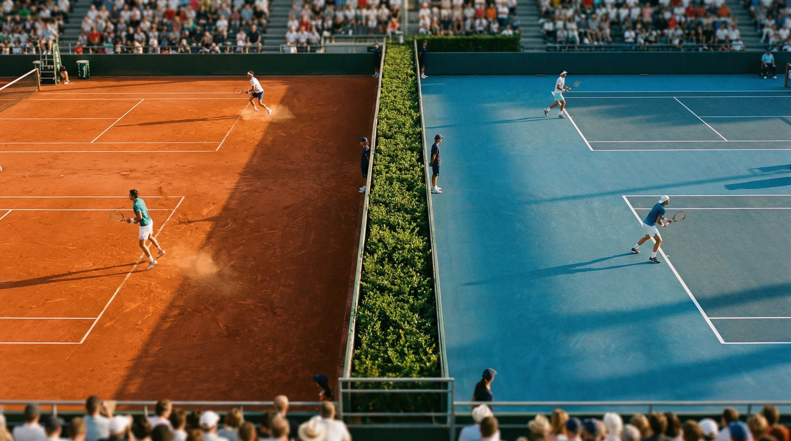 Zwei Tennisplätze nebeneinander aus erhöhter Perspektive mit Spielern bei einem Turnier