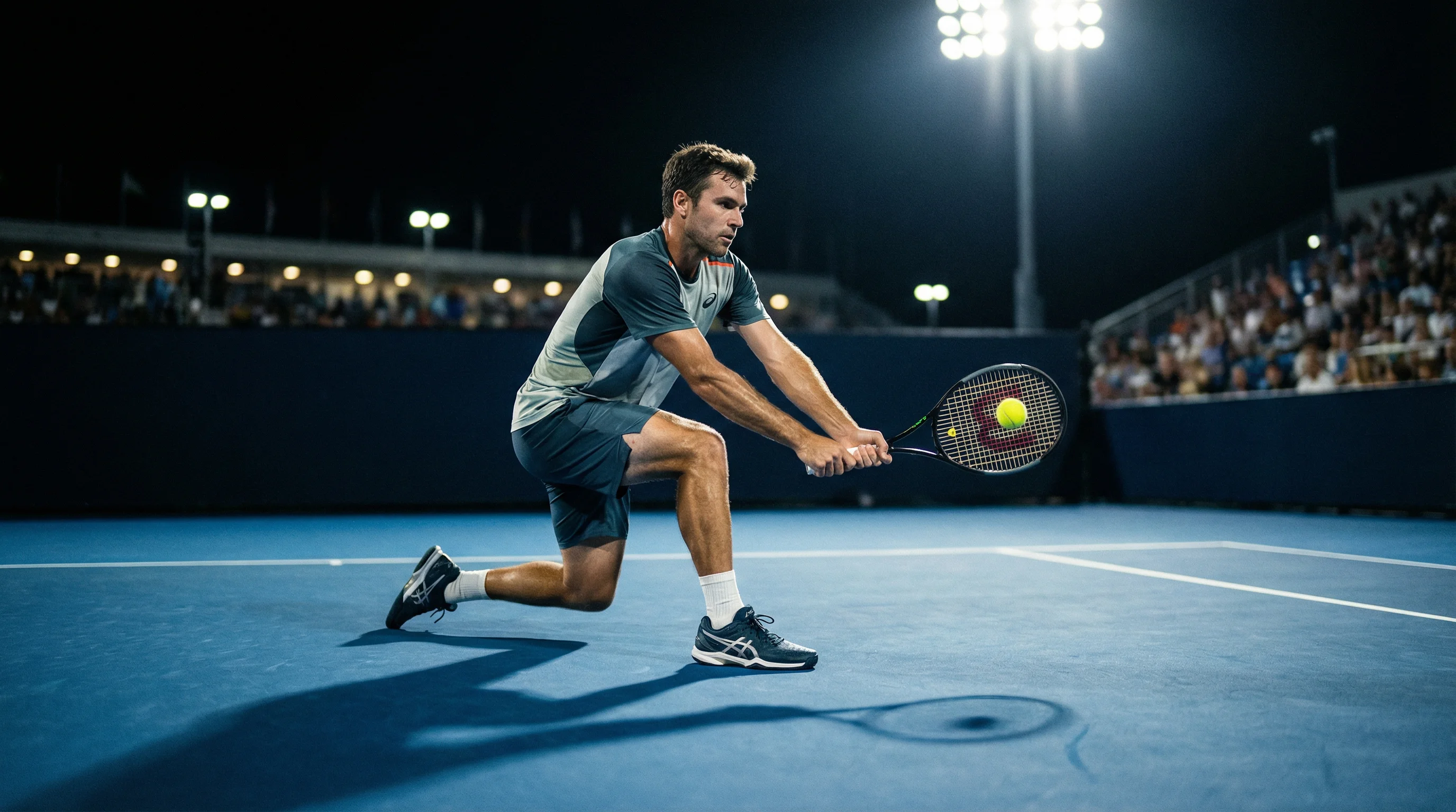 Tennisspieler beim konzentrierten Returnschlag auf einem Hartplatz bei Flutlicht
