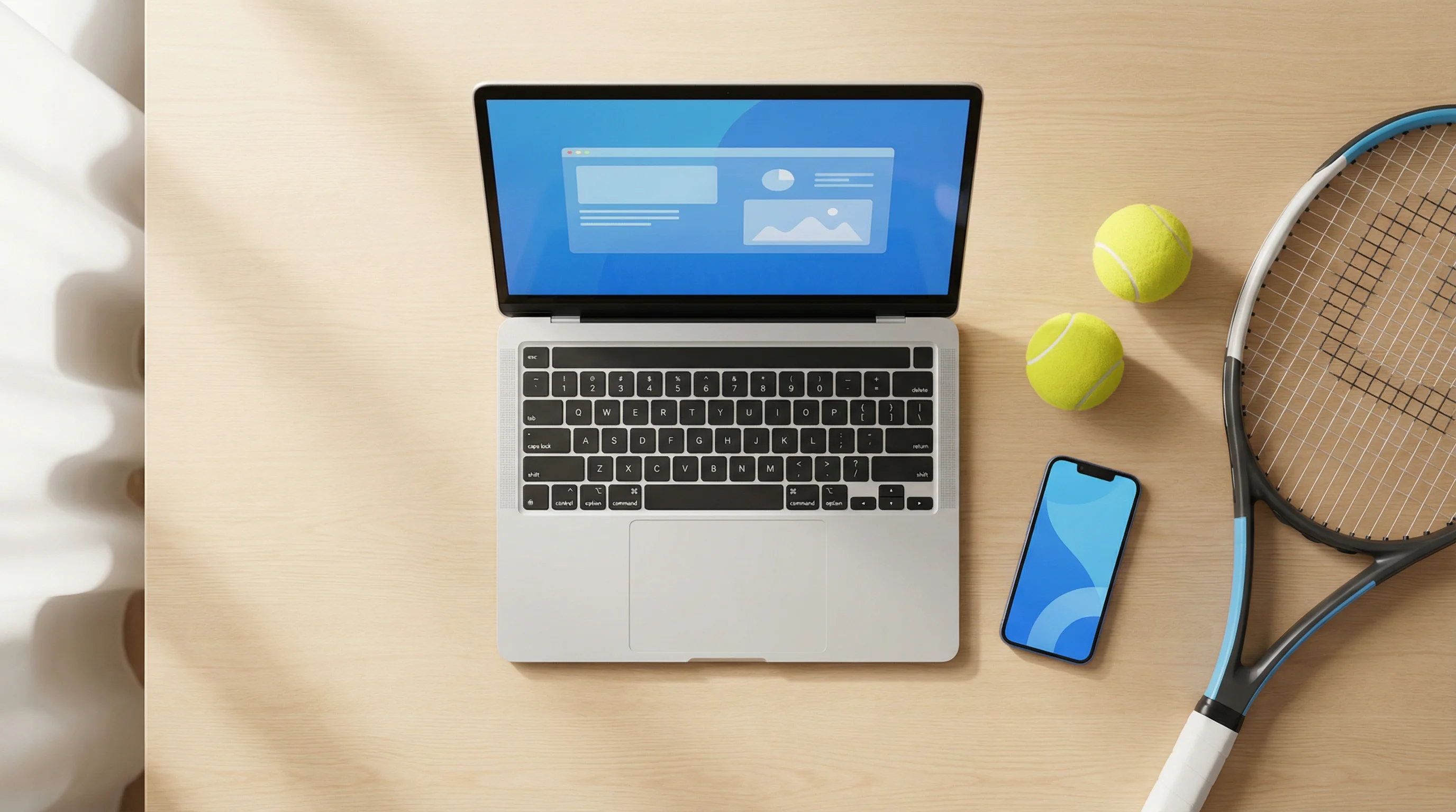 Smartphone und Laptop auf einem Schreibtisch mit Tennisball daneben