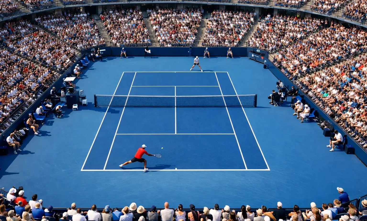 Professioneller Tennisplatz mit Spielern während eines Turniermatchs