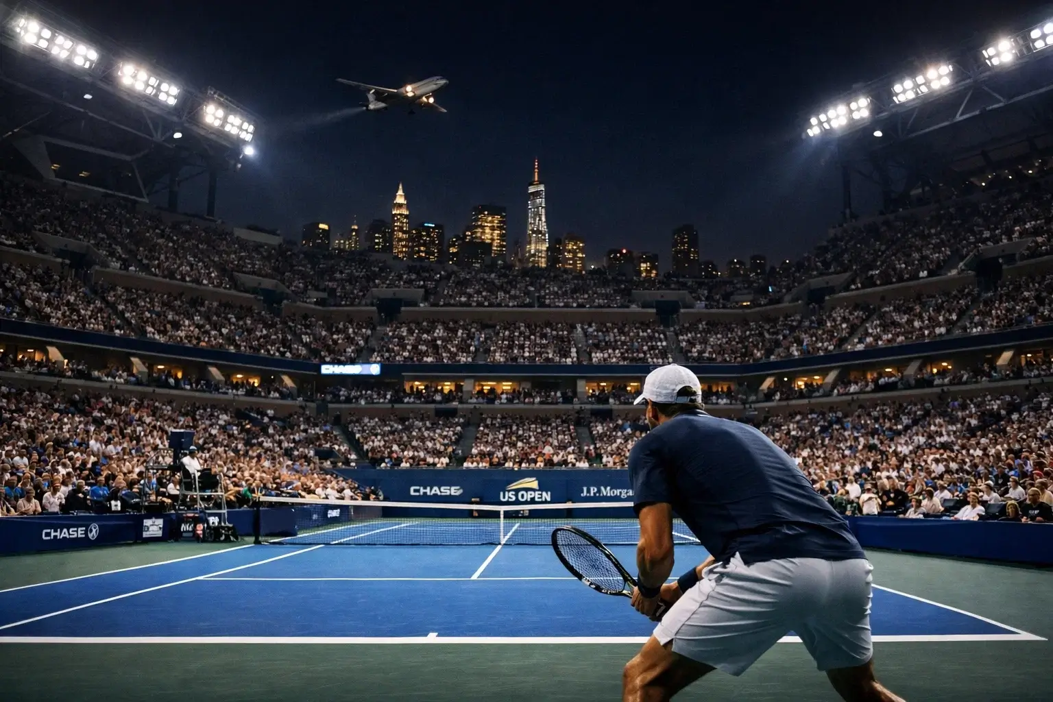 Tennisplatz bei den US Open unter Flutlicht mit Publikum