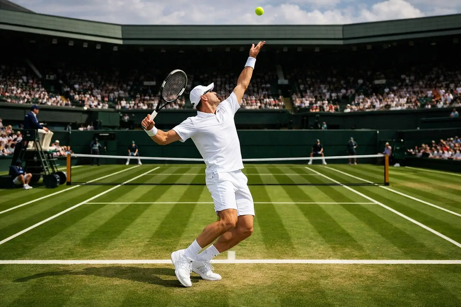 Tennisspieler in weißer Kleidung auf dem grünen Rasen von Wimbledon