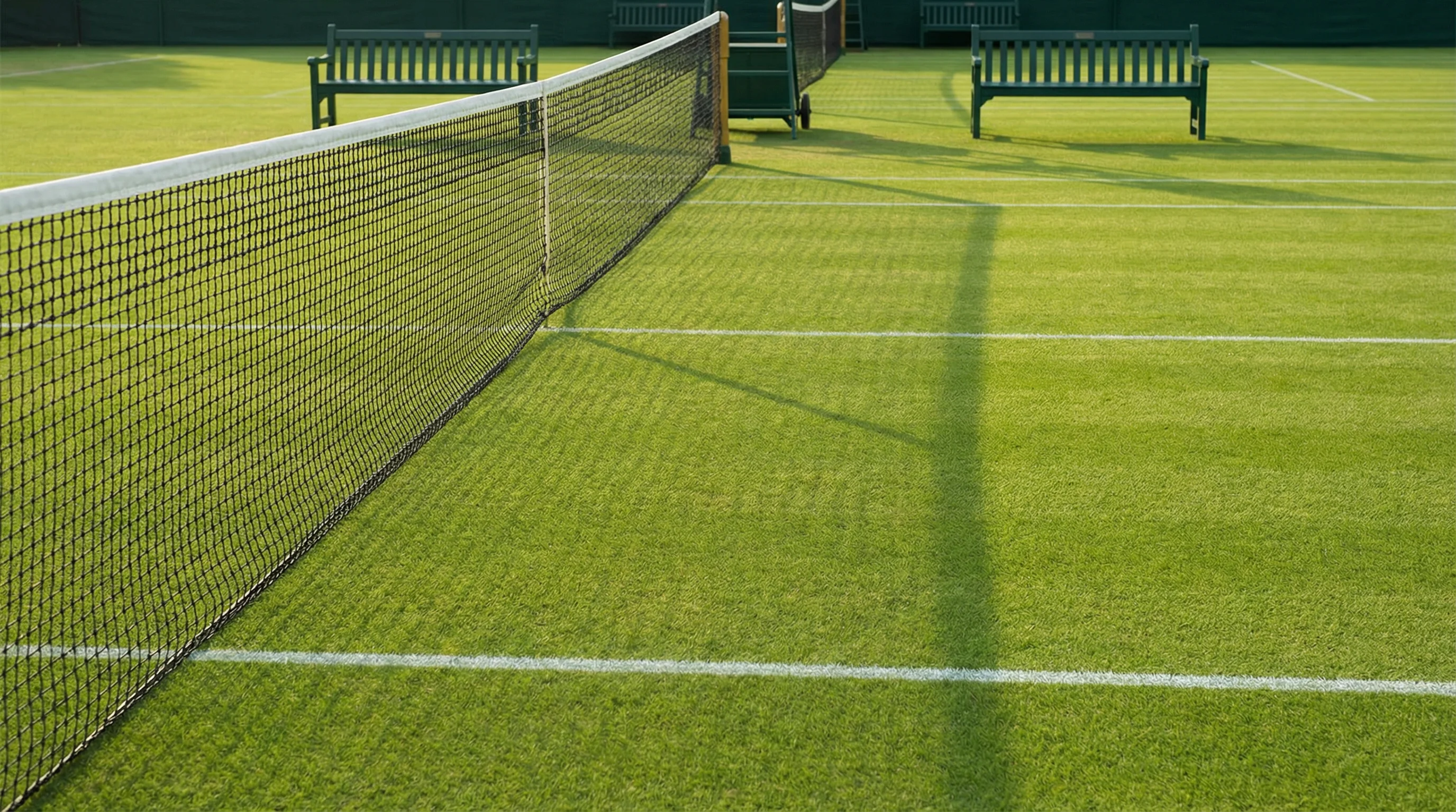 Gepflegter grüner Rasenplatz mit Tennisnetz und weißen Linien im Sonnenlicht