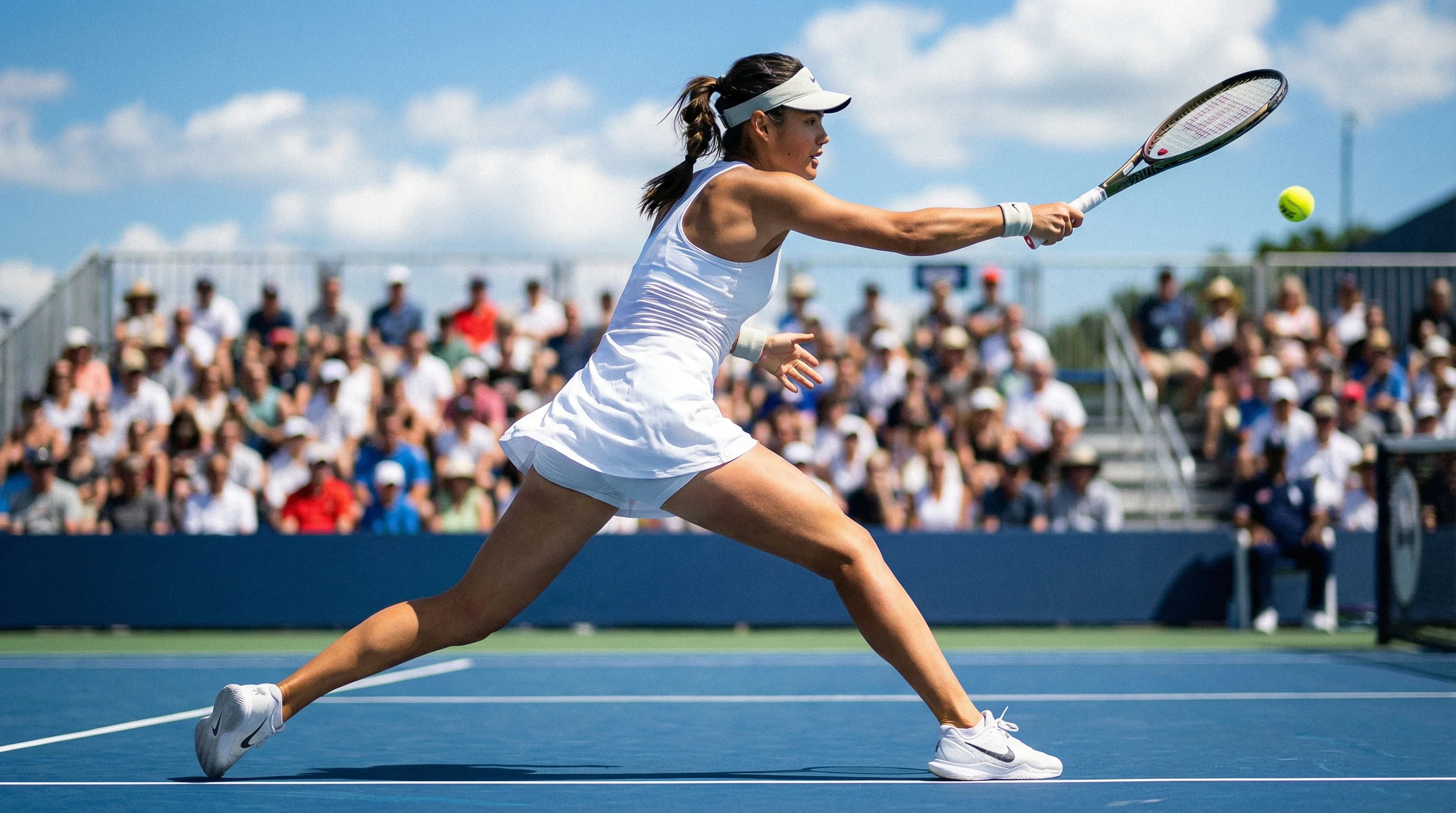 Tennisspielerin beim kraftvollen Vorhandschlag auf einem Hartplatz bei einem WTA-Turnier